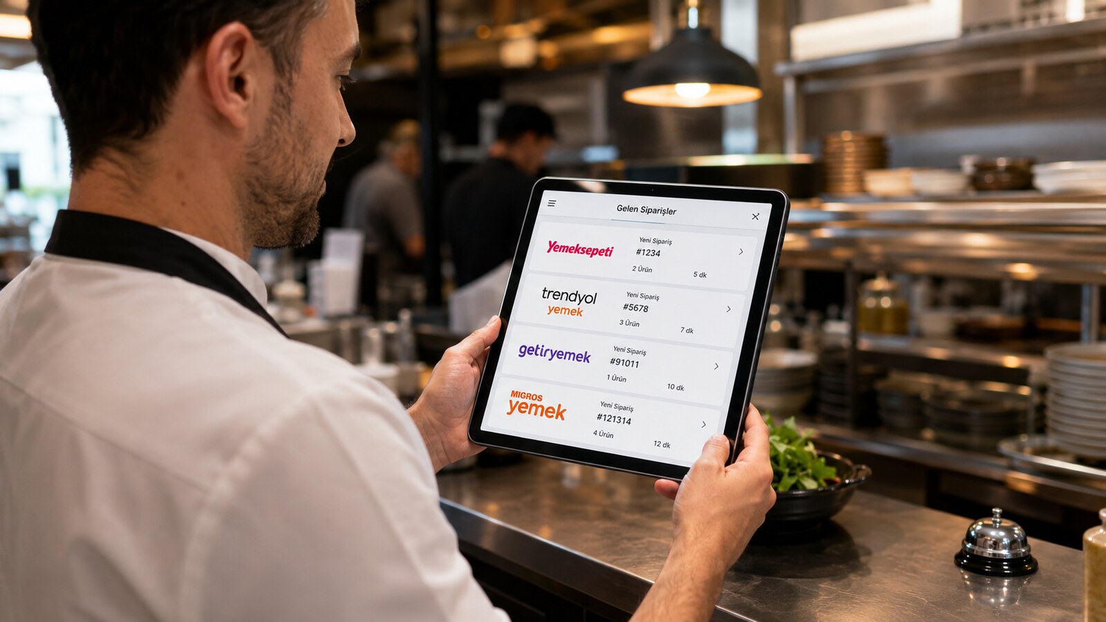 Restoran çalışanı tablet üzerinde Yemeksepeti, Trendyol Yemek, GetirYemek ve Migros Yemek siparişlerini tek ekrandan takip ediyor