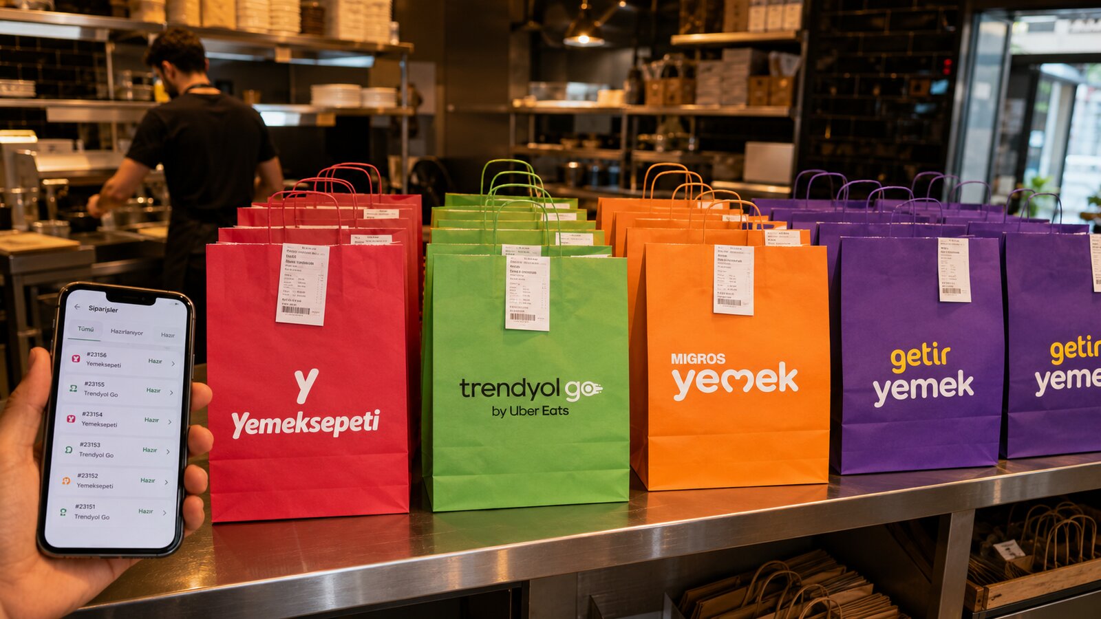 Yemeksepeti, Trendyol Go, Migros Yemek ve Getir Yemek paket servis çantaları ve sipariş yönetim ekranı