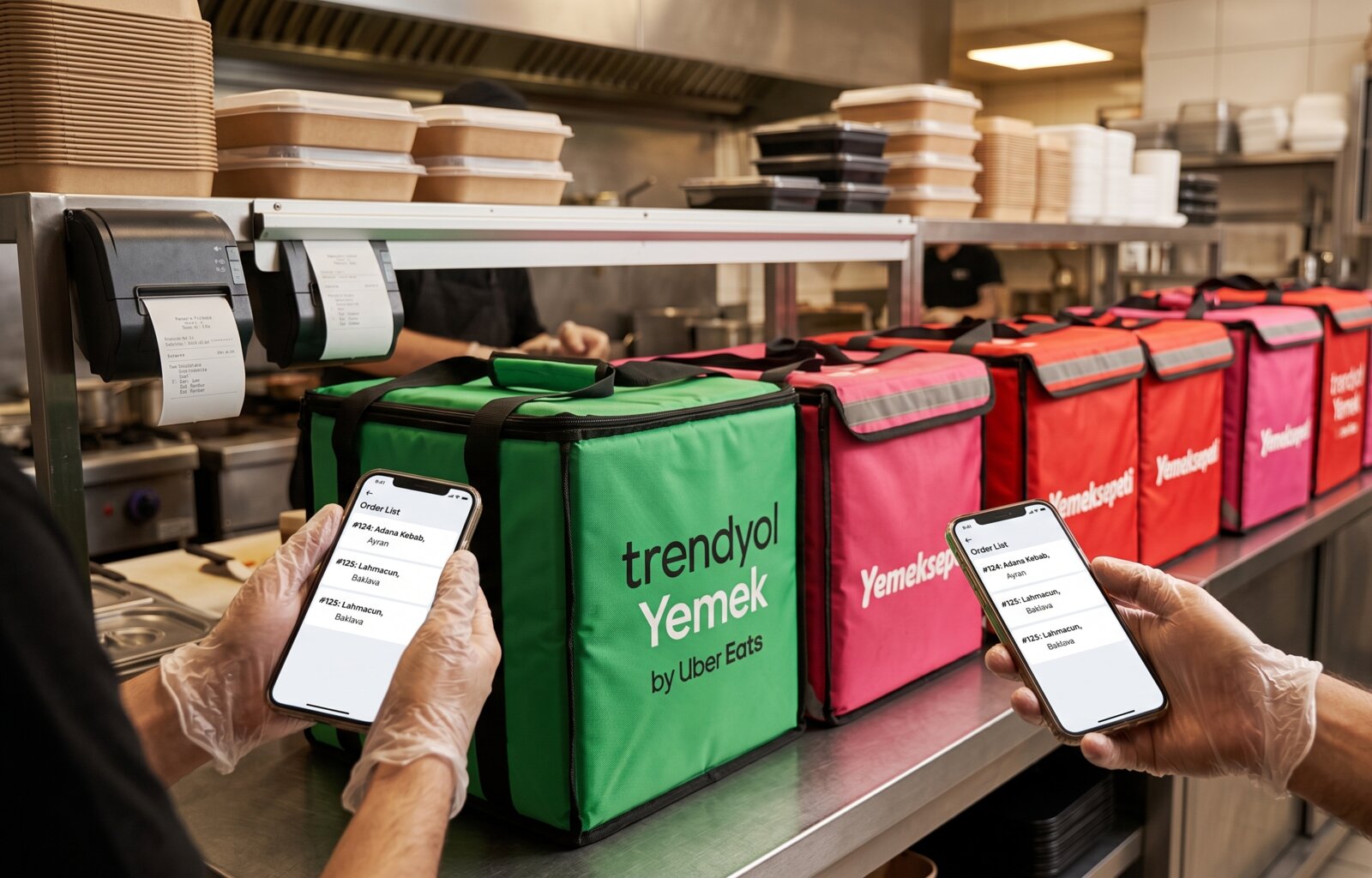 Yemeksepeti ve Trendyol Yemek paket servis çantaları ve sipariş listesi ekranı