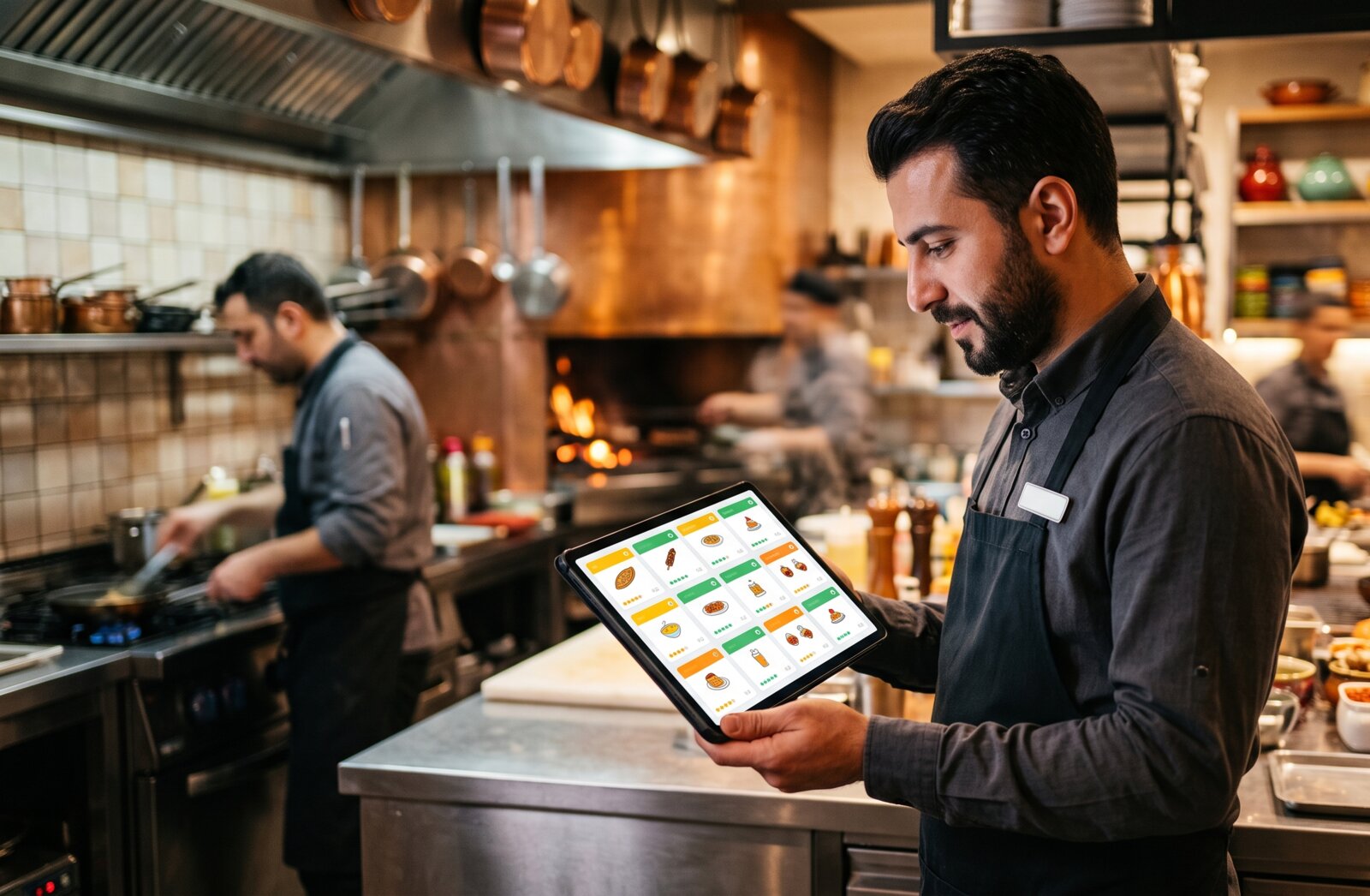 Restoran yöneticisi tablet üzerinde Paket Master menü yönetim ekranını inceliyor