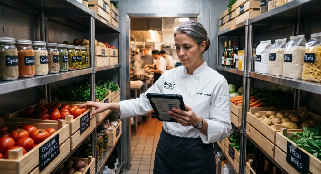 Restoran şefi depoda tablet ile reçete bazlı stok takibi yapıyor