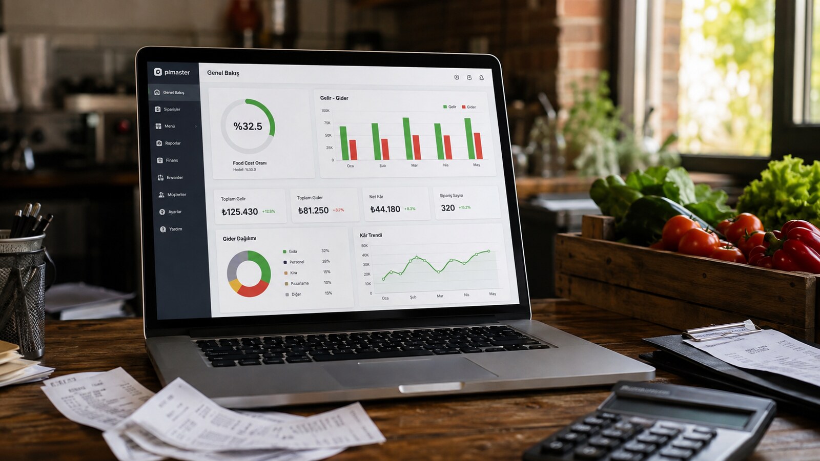Restoran kârlılığı ve food cost gösteren dashboard ekranı