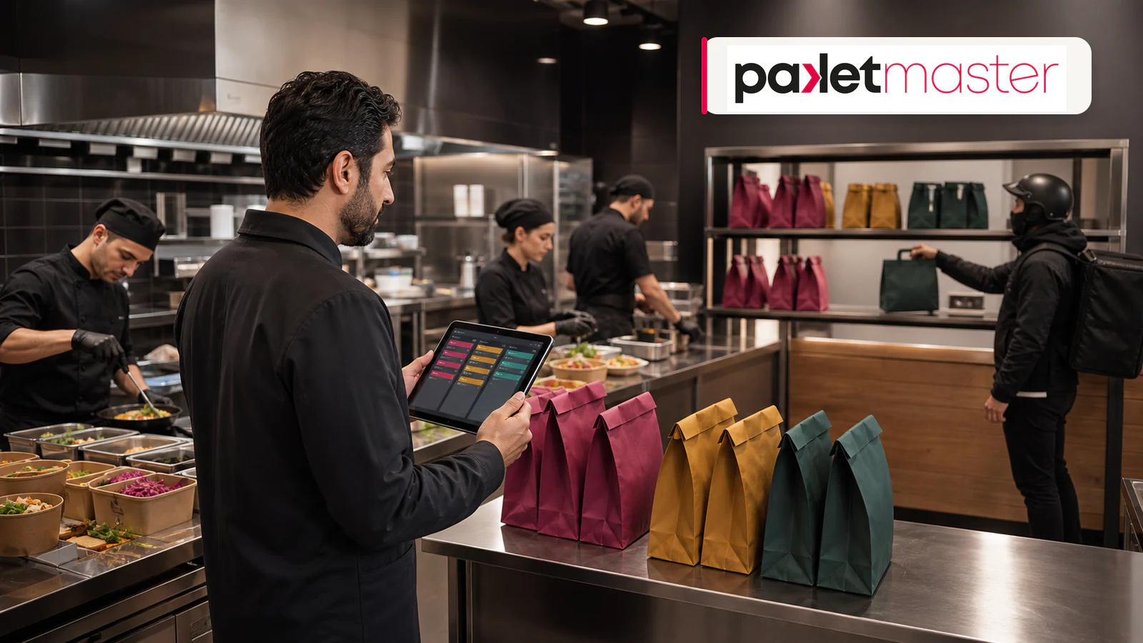 Çok markalı hayalet mutfakta renk kodlu paketleri ve dijital sipariş akışını yöneten işletmeci