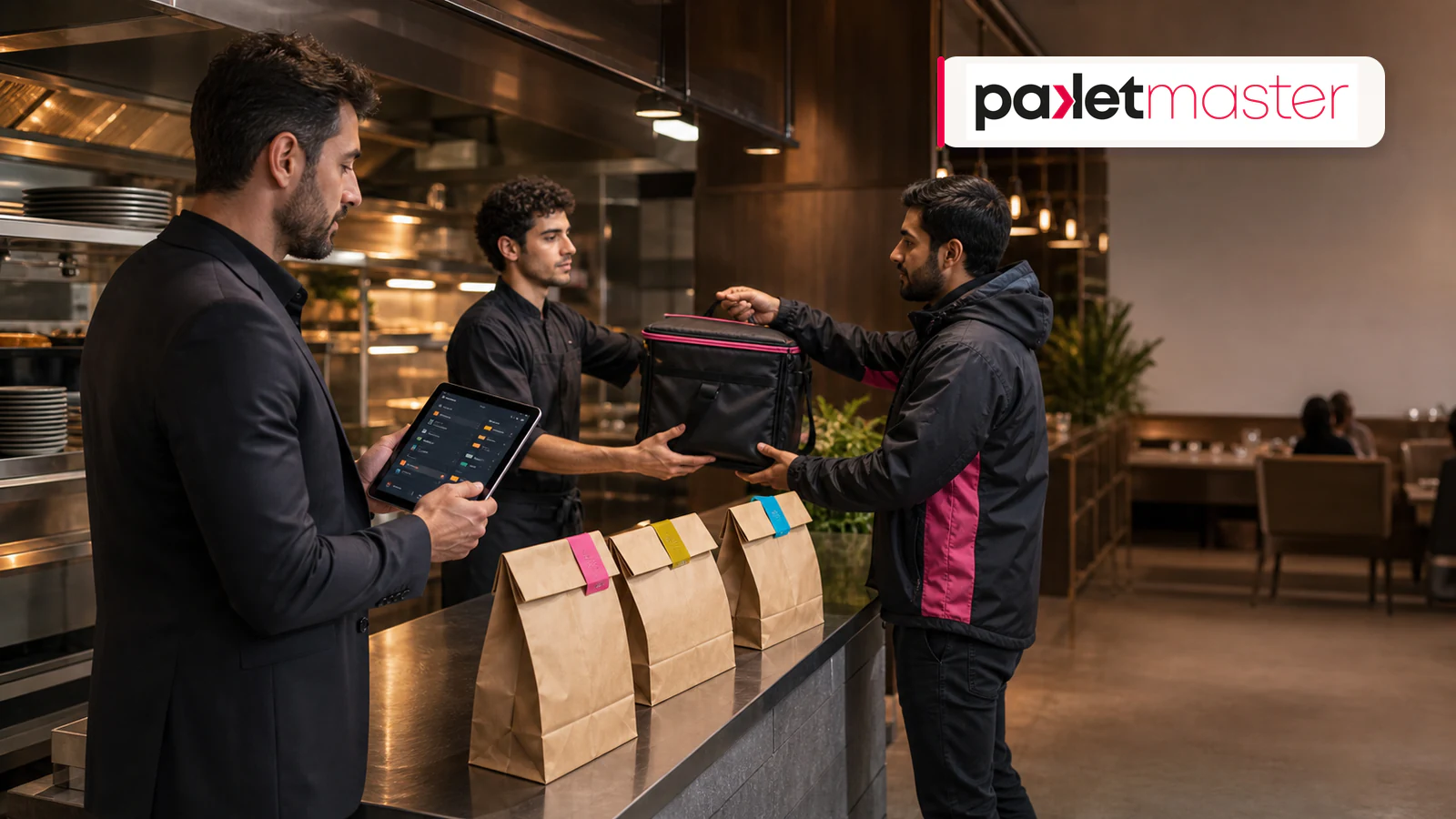 Restoran kurye teslim noktasında sipariş durumlarını tabletten kontrol eden yönetici ve paketi teslim alan kurye