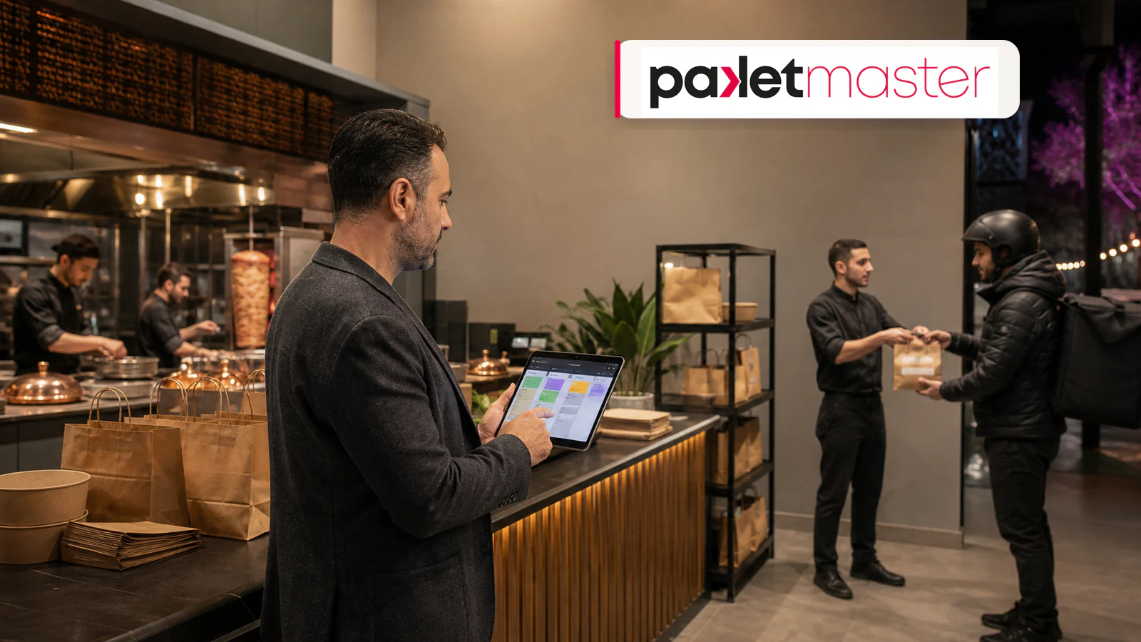 Restoran işletmecisinin tablet üzerinden paket servis siparişlerini yönetirken kuryeye hazır sipariş teslim edilmesi